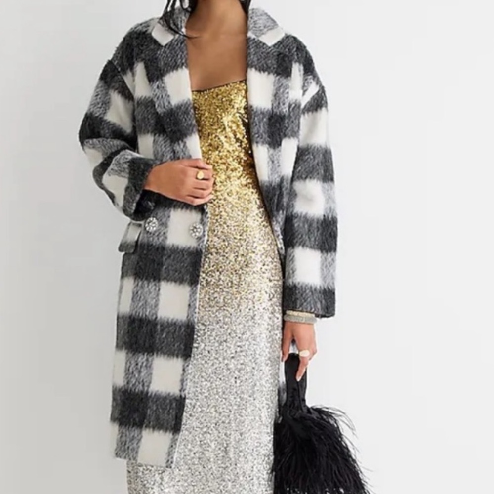 J. Crew Collection Oversized Topcoat Gray Plaid Jewel Gem Buttons M